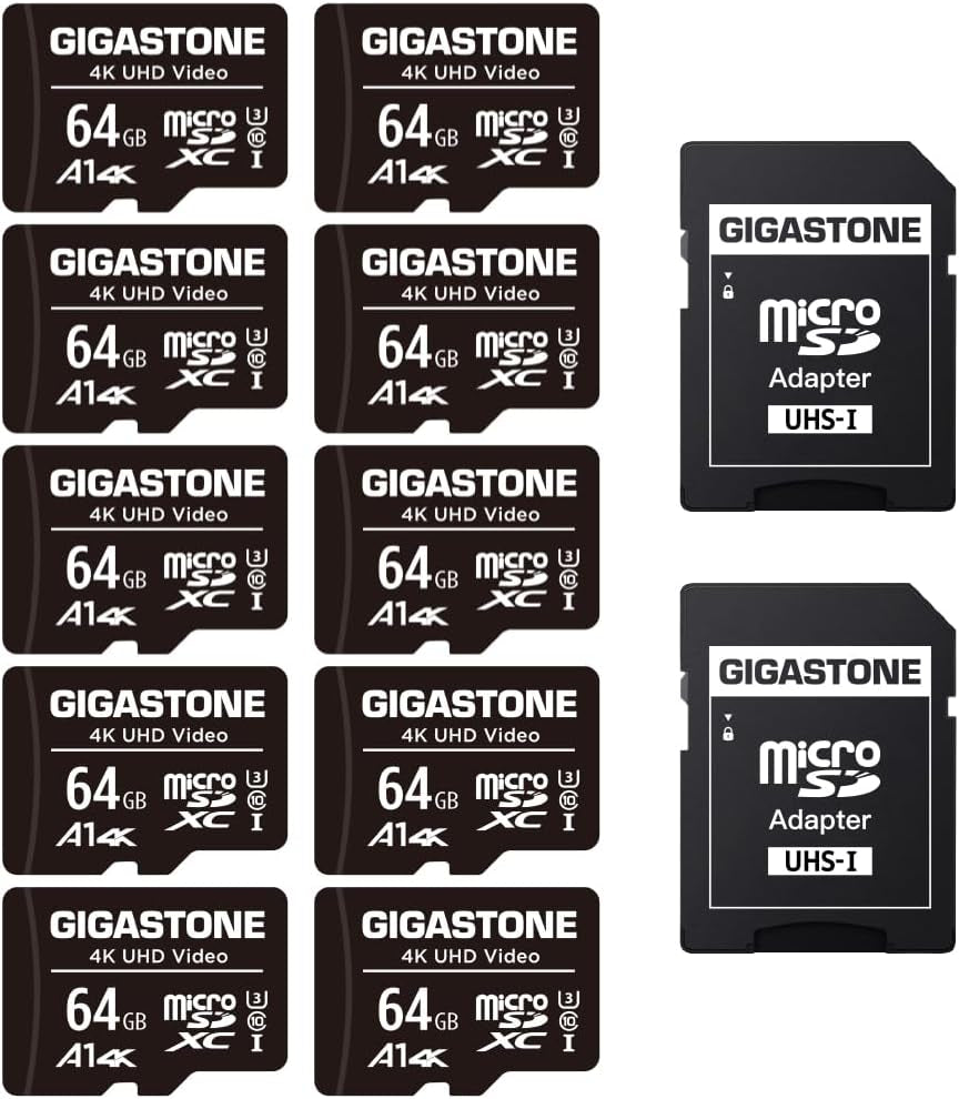 64GB 10-Pack Micro SD Card, 4K UHD Video, Surveillance Security Cam Action Camera Drone Professional, 90Mb/S Micro SDXC UHS-I A1 Class 10